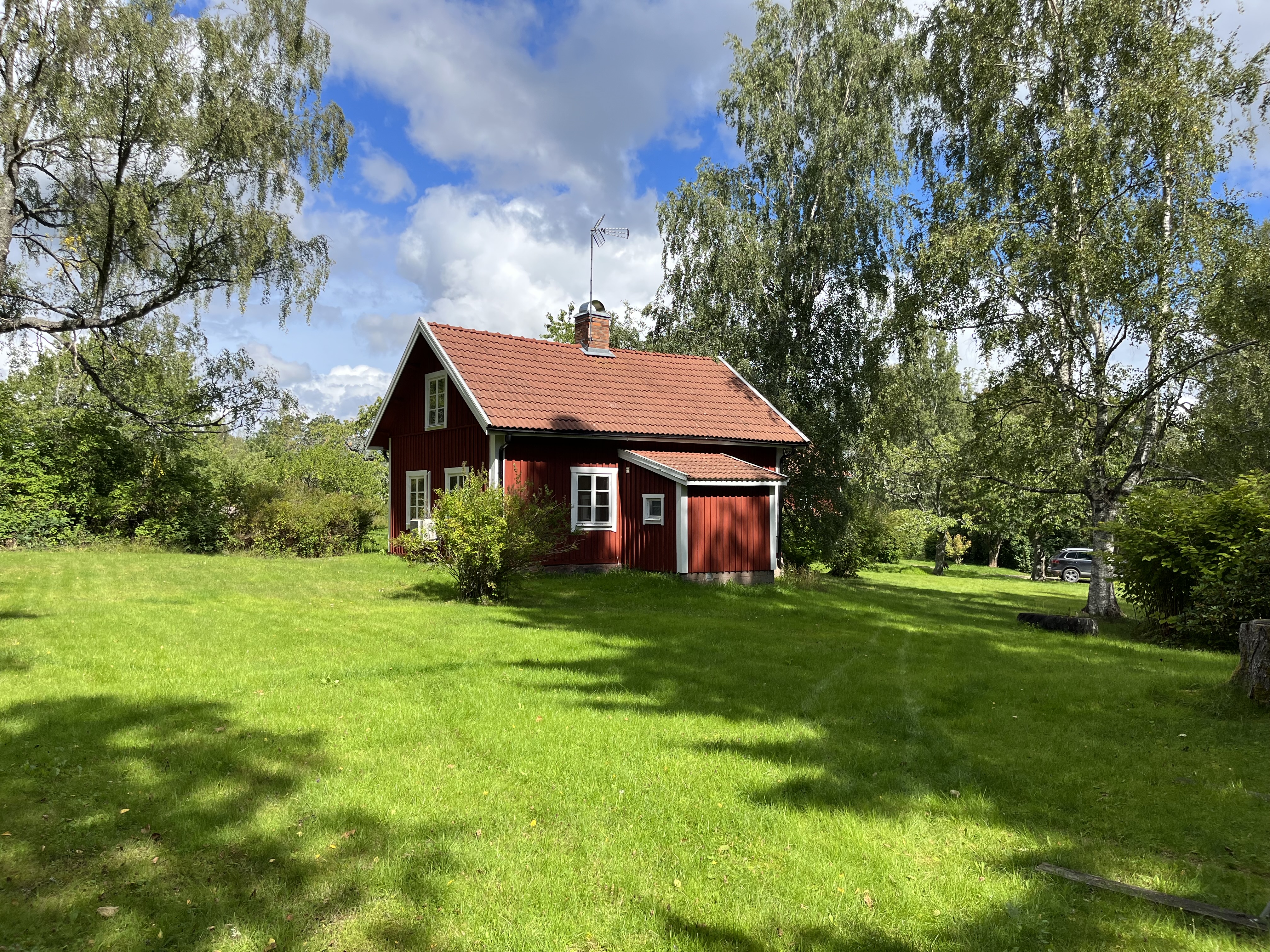 Lower Garden with lawn, trees, flowers, 2 big outdoor tables and outdoor kitchen